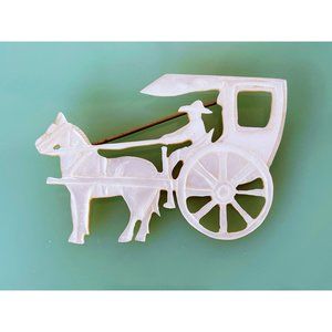 Antique Carved Mother Of Pearl Rickshaw and Horse Brooch